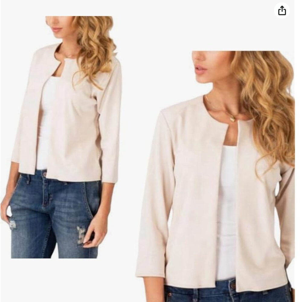 Neiman Marcus  round neck cropped buttonless 3/4 sleeves leather blazer
